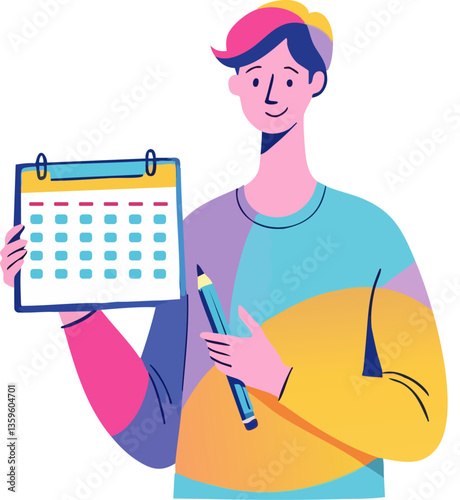 Motivated Individual Holding a Calendar and Pencil: A Colorful Flat Vector Illustration Emphasizing the Importance of Organization and Time Management