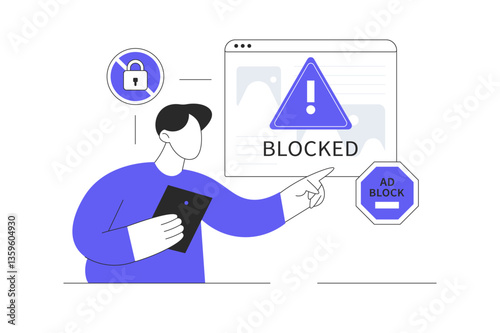 Blocked or banned website, system, connection, Ad blocking software, Banned user account for landing page, social media, website, mobile apps. Flat Cartoon Vector Illustration, icon. Stylish abstract 