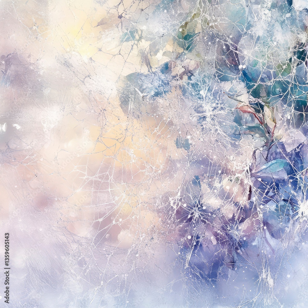 Fototapeta premium Enchanting Watercolor of Frozen Floral Delicate Branches and Abstract Web Pattern