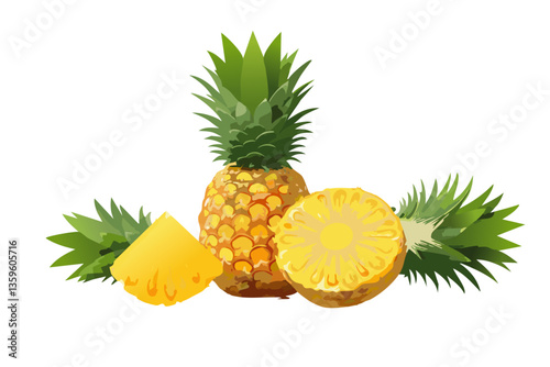 una piña y otra partida por la mitad, fondo blanco, realista, estilo 4k