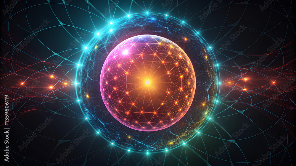 Obraz premium hitech background vibrant hitech sphere glows against dark background, showcasing intricate patterns and radiant energy