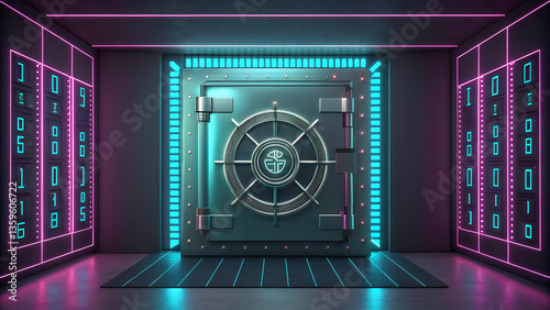 hitech background futuristic hitech vault door stands prominently against vibrant background, illuminated by neon lights that create captivating