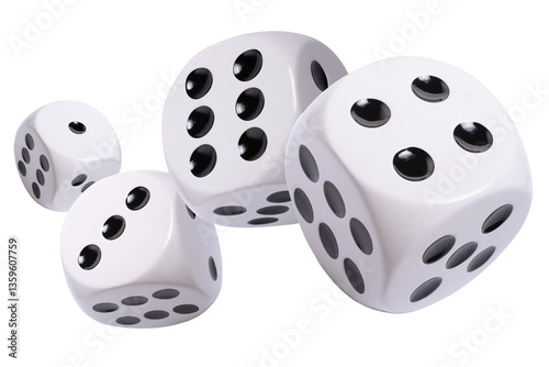 Isolated four large white dice on white background, template of  dice, gambling addiction or table game concept