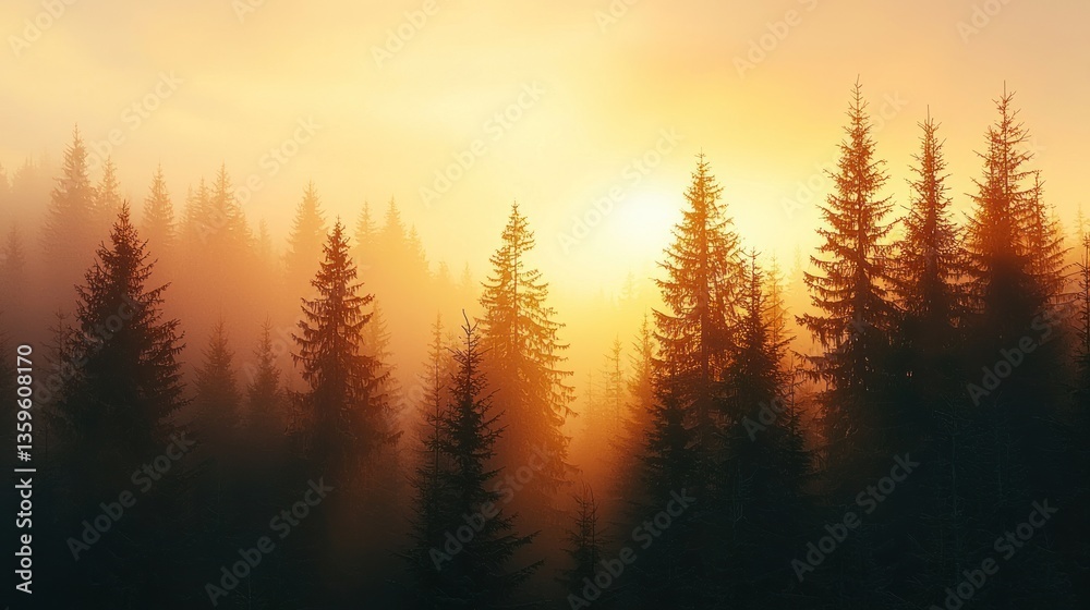 Enchanting forest bathed in golden sunlight, shrouded by morning mist Enchanting forest bathed in golden sunlight, shrouded by morning mist