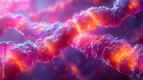The image shows a colorful, abstract, strand like structure with bright areas. Cancer in the blood outbreak and treatment for malignant cells in a human body caused by carcinogens and genetics with a 