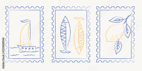 Sen of Summer postal stamps with sailor boat, sardines and lemon