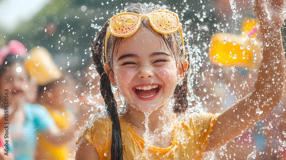 Obraz premium Carefree young girl with pigtails and sunglasses laughing gleefully as she plays in the refreshing water sprinkler on a sunny summer day