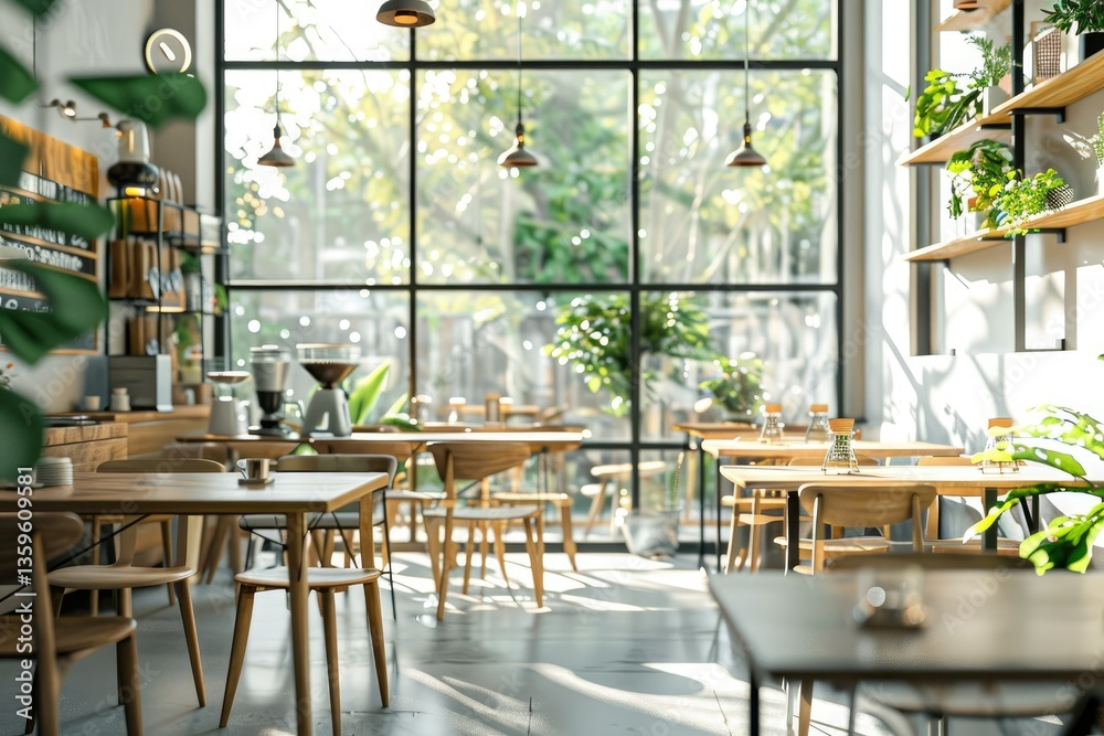 High Definition Visual of Front View on Bright Cafe Interior with Panoramic Windows High Definition Visual of Front View on Bright Cafe Interior with Panoramic Windows