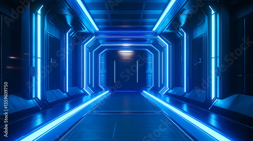 Fototapeta Naklejka Na Ścianę i Meble -  Sci-fi Interior with Neon-lit Space Station Corridor