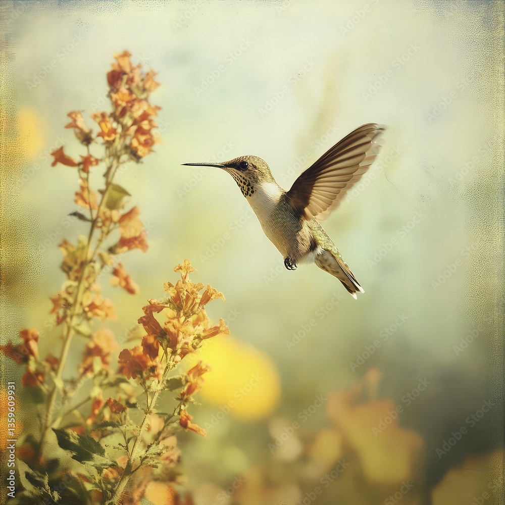 Fototapeta premium Hummingbird in Flight Over Yellow Flowers