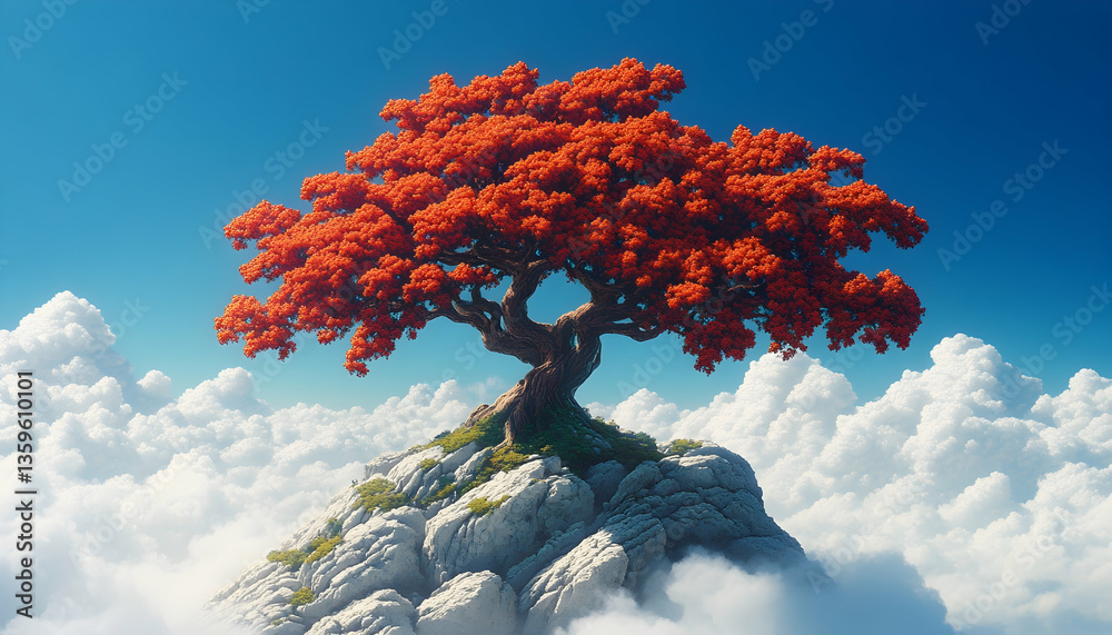 Pixel Art Tree On Floating Cloud Mountain