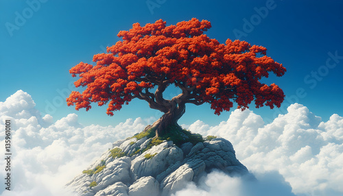 Obraz na płótnie Pixel Art Tree On Floating Cloud Mountain w salonie