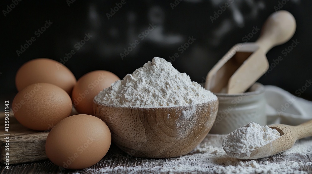 Baking ingredients with flour, eggs, and wooden utensils Baking ingredients with flour, eggs, and wooden utensils