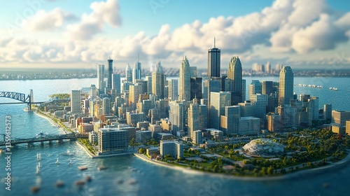 A dramatic Detroit skyline panorama, buildings leaning at a tilted angle for dynamic effect, the city modern architecture and historic structures highlighted against the Ambassador Bridge  