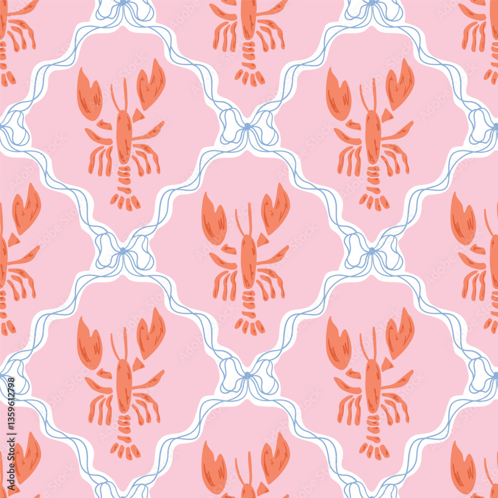 Pink whimsical lobster seamless pattern decorated coquette bows and ribbon. Vector summer damask print, ocean beach vibes, cute coastal background. Female geometric rhombus ornament.