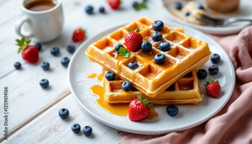 A waffle topped with strawberries, blueberries, whipped cream, and maple syrup in a charming rustic setting. Beautifully styled to highlight the texture and vibrant colors of both the food and decor.