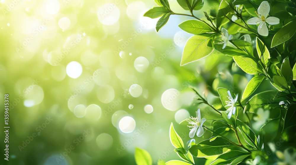 Obraz premium Spring Blossoms and Bokeh. A fresh spring background showcasing blurred bokeh, green leaves, and delicate white blossoms, evocative of Easter and new beginnings.