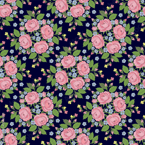 Floral colorful seamless pattern with roses, vintage style. Vector hand drawn illustration on a dark blue background.