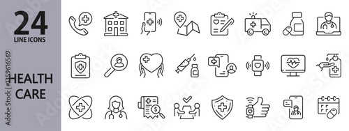 Healthcare line icons set with Doctor, Medical, Medical, Emergency, Vaccination, Report, Patient and more. Editable Stroke