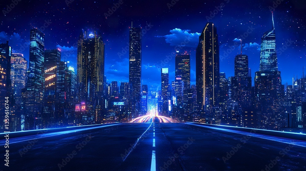 Fototapeta premium A nighttime panorama of a city skyline, featuring towering skyscrapers and modern commercial buildings radiating with golden and blue lights, an empty asphalt road leading toward the glowing horizon