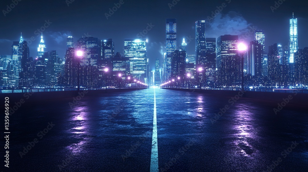 Obraz premium A panoramic city skyline featuring commercial skyscrapers with glowing windows, the empty asphalt road in the foreground reflecting the soft lights of streetlamps, the cityscape exuding quiet vibrancy