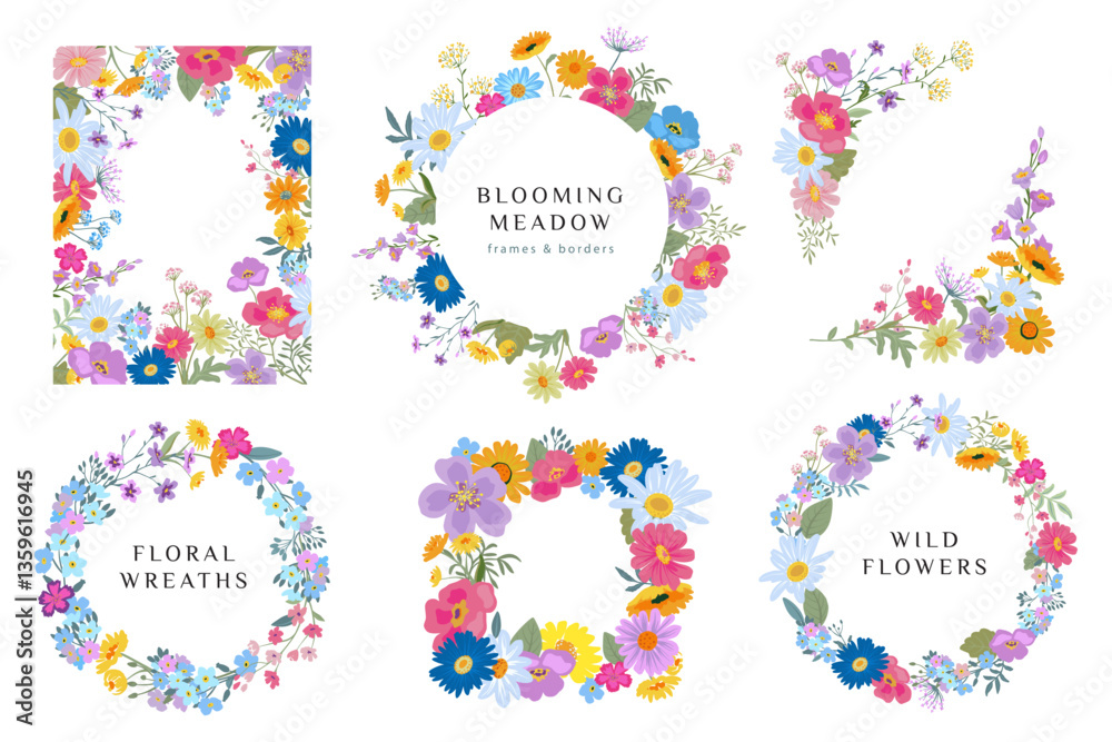 Collection of six vector wreaths and frames with colorful wildflowers. Elegant floral garlands with forget-me-nots, chamomile, daisies.