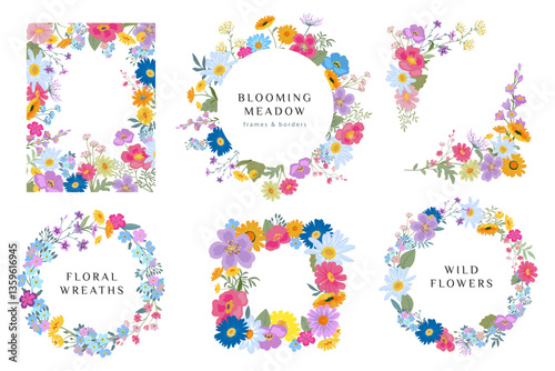Collection of six vector wreaths and frames with colorful wildflowers. Elegant floral garlands with forget-me-nots, chamomile, daisies.