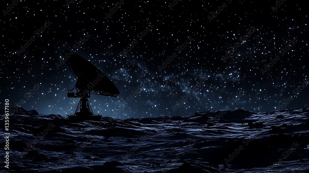 Fototapeta premium Satellite Dish Under Starry Night Sky, A satellite dish on a rocky surface under a starry night sky