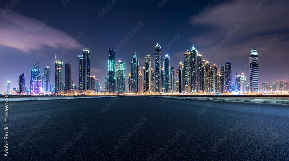 Obraz premium A panoramic skyline of modern commercial buildings glowing at night, their illuminated glass facades reflecting vibrant city lights 