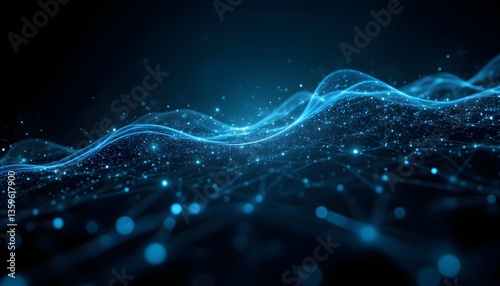 A futuristic, sci fi digital technology concept image featuring a complex network of glowing lines connecting various data points on a sleek, dark background with futuristic data graphics overlaid.
