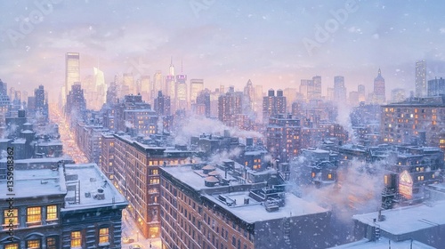 A panoramic view of New York City during winter, snow blanketing rooftops and streets, the skyline glowing softly under a pale blue winter sky, soft mist and snowflakes adding texture 