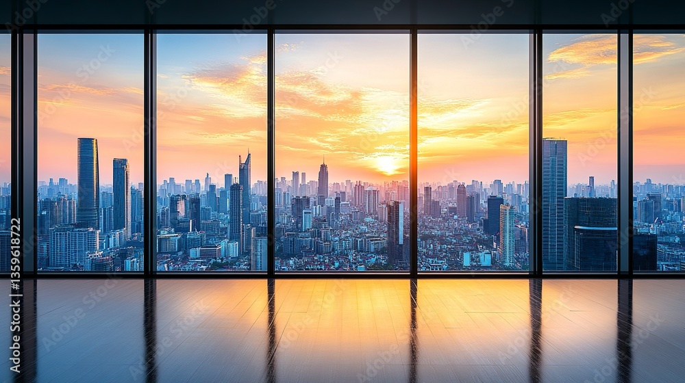 Fototapeta premium A panoramic window view of a bustling city skyline at sunset, skyscrapers standing tall against a gradient sky of pink and gold, the fading light reflecting on the glass 