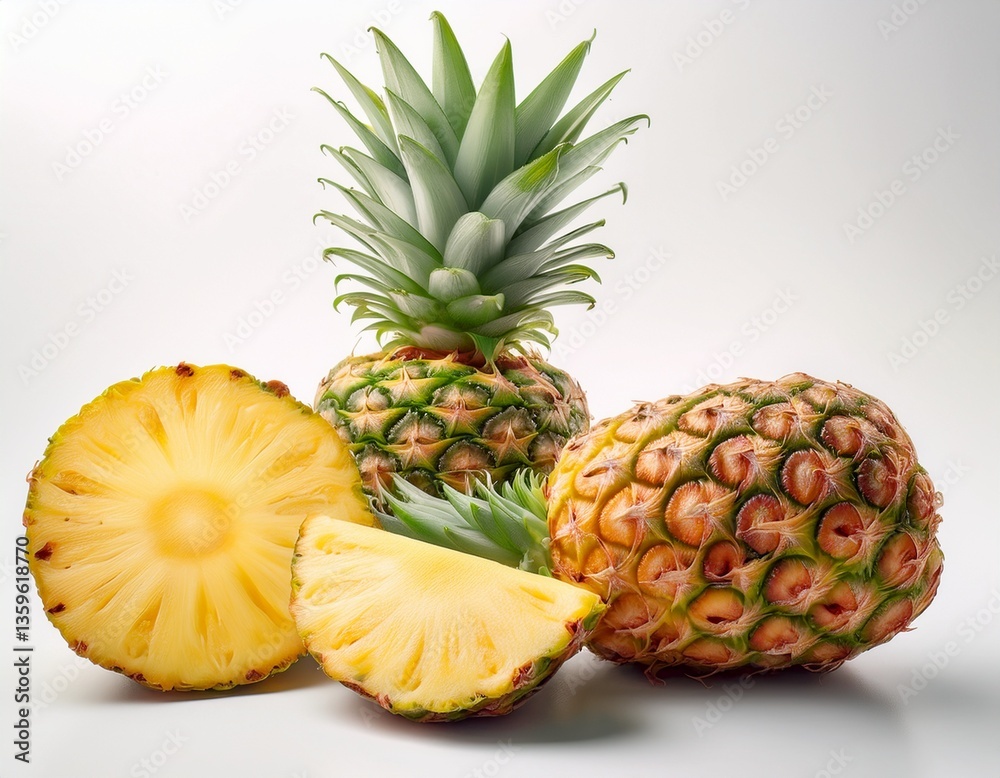 una piña y otra partida por la mitad, fondo blanco, realista, estilo 4k una piña y otra partida por la mitad, fondo blanco, realista, estilo 4k