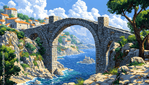 Pixelated Coastal Village Bridge With Stone Arch