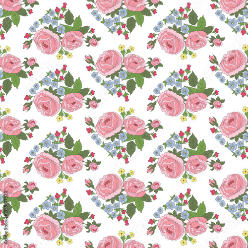 Floral vintage seamless pattern with roses and summer flowers. Vector hand drawn illustration on transparent background.