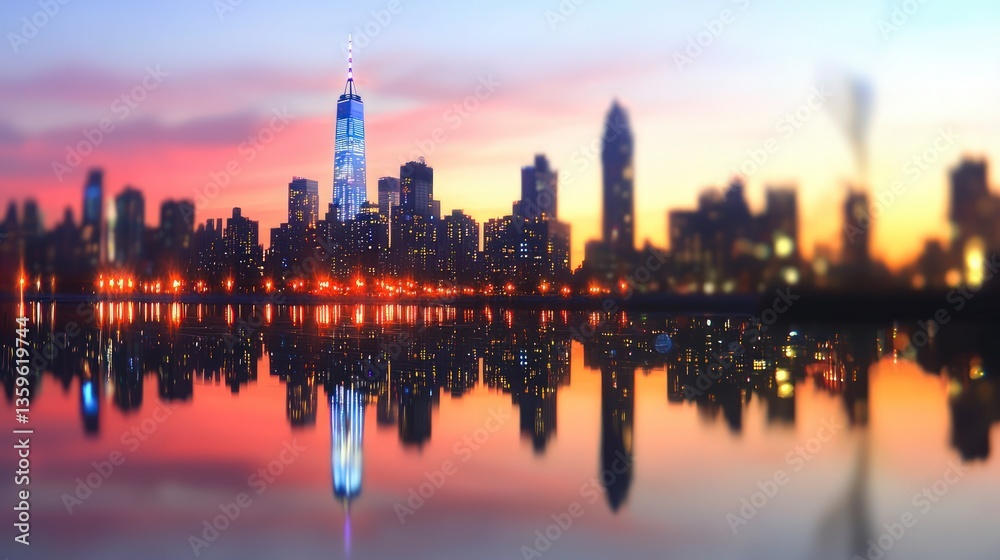 Obraz premium Mesmerizing Cityscape Twilight Skyscrapers Reflection Urban Night