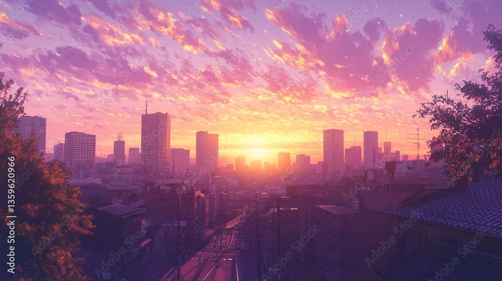 Fototapeta premium A radiant sunrise framing Tokyo skyline, soft pink and gold hues reflecting off modern skyscrapers, and the serene city streets below beginning to stir