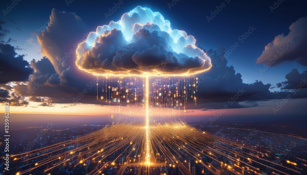 Obraz premium Glowing Cloud with Data Transition to Cloud Storage at Dusk