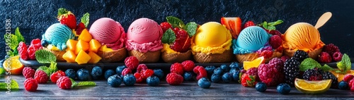 Savor the vibrant presentation of ice cream adorned with a variety of berries and fruits.