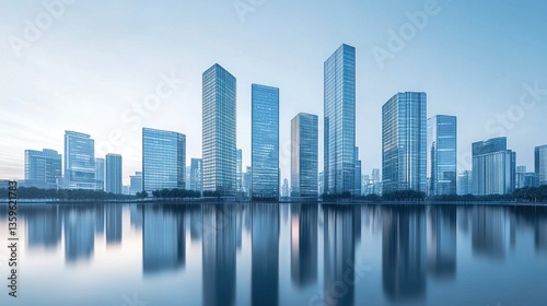 A sleek 3D model rendering of a modern city skyline, featuring smooth blue-toned skyscrapers and clean lines, a gradient blue sky enhancing the futuristic city landscape 
