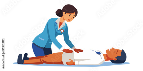 A medical professional performing CPR on a training mannequin, isolated on white background.

