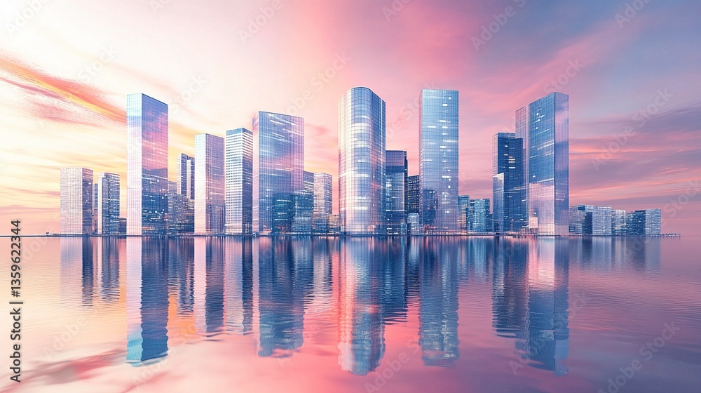 Fototapeta premium A sleek modern city skyline with towering glass skyscrapers reflecting the soft pastel hues of a serene sunset, the calm water below mirroring the vibrant pinks, oranges 