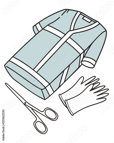 A neatly folded surgical gown and gloves ready for use, isolated on white background.

