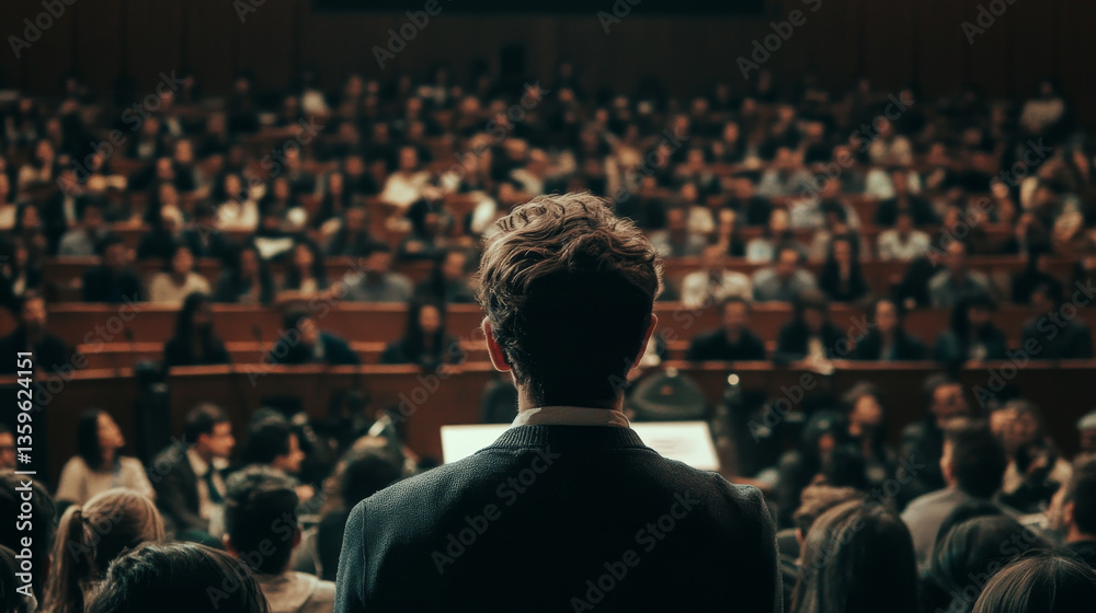 A business speaker delivers a corporate presentation while an audience listens attentively in a conference hall, highlighting key aspects of entrepreneurship and professional growth A business speaker delivers a corporate presentation while an audience listens attentively in a conference hall, highlighting key aspects of entrepreneurship and professional growth