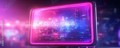 Futuristic City Nightscape in Neon Pink Frame