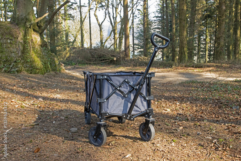 Wheeled camping trailer going through forest
