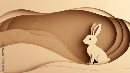 A minimalist rabbit silhouette set against cardboard shapes.