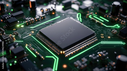 Technology's Core: A high-angle perspective delves into the intricate world of a cutting-edge microchip embedded within a vibrant, luminous circuit board.