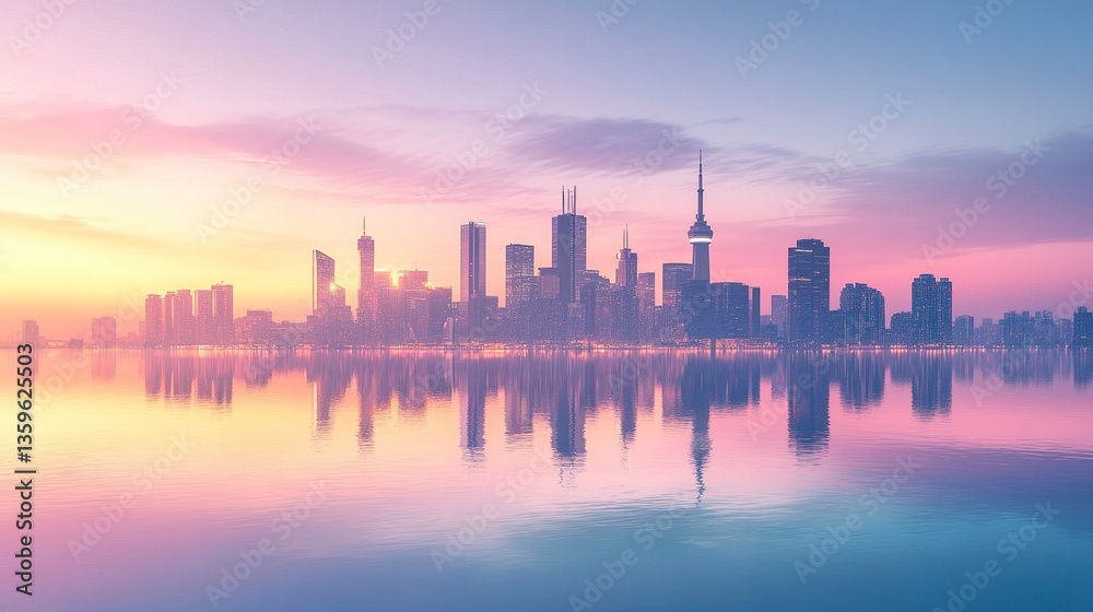 Obraz premium A stylish city skyline at dusk, pastel hues of peach, lavender, and soft blue illuminating the sunset, mirrored perfectly on the glassy water surface below 