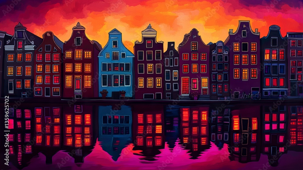 Fototapeta premium A stylized sunset depiction of Amsterdam, showcasing the iconic canal houses with their gabled facades glowing in warm orange and pink hues 